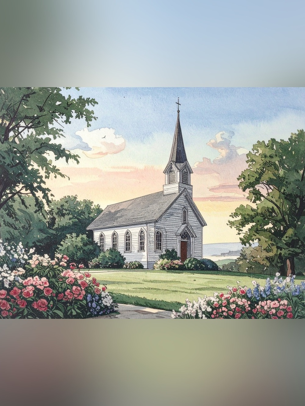 Charming White Chapel Watercolor Art Print in Gray Accents